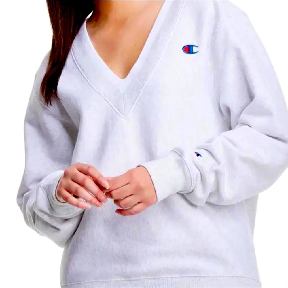 Champion Sweatshirt Reverse Weave XS Gray Pullover Brand Logo V-Neck